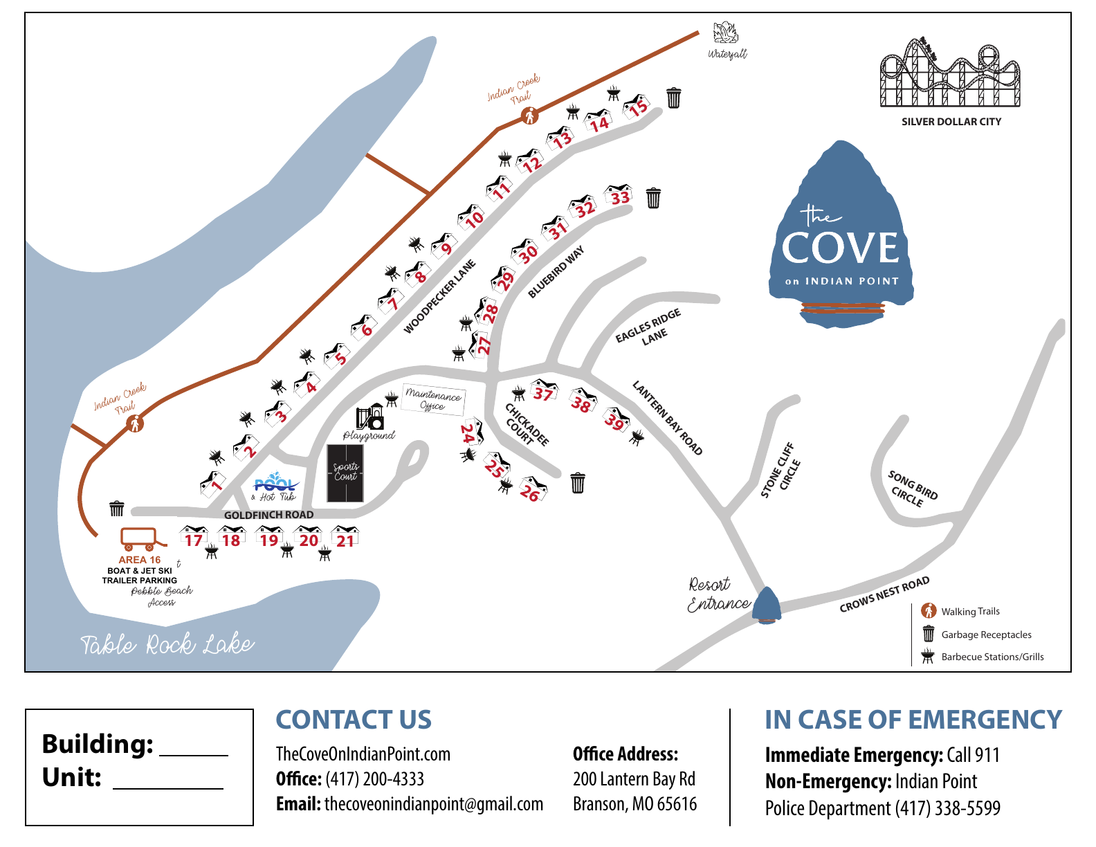 Resort map showing Area 16 boat and jet ski trailer parking with Building 17 fully visible